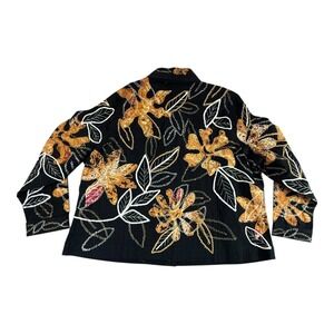 Laura Ashley Jacket Womens 2X Black Floral Embroidered Applique Fall Leaf Leaves
